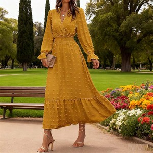 فستان نسائي أنيق عصري بحافة مكشكشة على شكل حرف A-line فستان طويل الأكمام برقبة V لطيف سويسري منقط عالي الخصر فستان غير رسمي لجميع الفصول - Product Image 3