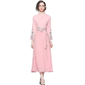 Spring style V Collar half-open sleeve machine embroidery waist seal slim fit long dress Travel Photography