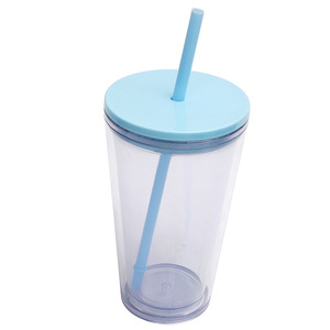 Plastic <b>Straw</b> <b>Cup</b> 16oz Double Walled With <b>Lid</b> <b>And</b> <b>Straw</b> For Travel Solid Color Set Of Three - Product Image 2