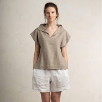 Summer Hot Days Casual Wear Femme Lin Gris Loose Fit Linen Top avec manches courtes et col rabattu Style It avec short