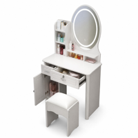 Coiffeuse moderne blanche avec miroir ovale éclairé, étagère latérale et tiroirs de rangement – Écologique pour appartement, chambre et salon