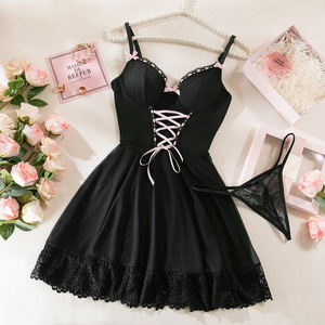 Sexy Nightgown Lace Splicing Bow Mesh See-Through Dress Thong Two-Piece Set for <b>Women</b> - Product Image 6