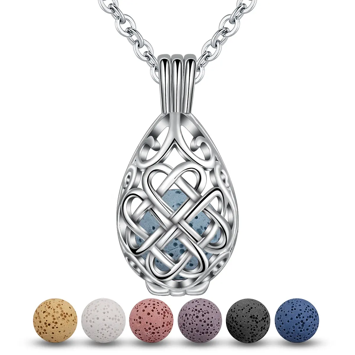 Qisunni — collier en argent sterling s925, diffuseur d'huiles essentielles, pierre de lave, cage avec nœud celtique