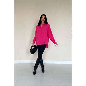 Fuchsia Women's Asymmetric Poplin Button <b>Down</b> Shirt Casual Everyday Wear - Product Image 4