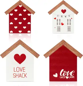 4PCS Valentine House Shaped Wooden Tiered Tray Sign Table Decor Happy Valentine's Day Tabletop Wood Centerpiece