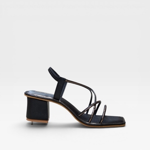 Women's Black Genuine Leather Strappy Heeled <b>Sandals</b> Square Toe Block Heel Slip-On Elegant Summer Footwear Heels Comfortable - Product Image 3