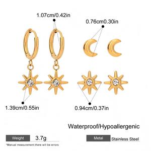 Aretes de Acero Inoxidable con Baño de Oro de 18k, Zirconia Blanca, Estrella y Luna, Versátiles, 3 Pares/Juego, Aretes de Aro - Product Image 6