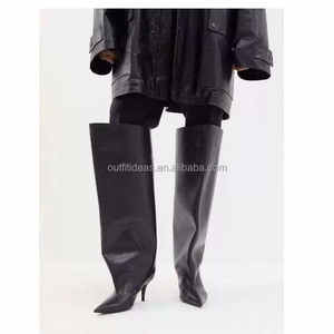 Bottines en cuir à talon aiguille pour filles, volume exagéré, cuir de veau mat, automne-hiver, cheville haute, jambe large, <span class=keywords><strong>bottes</strong></span> en cuir, <span class=keywords><strong>bottes</strong></span> en cuir noir - Product Image 4