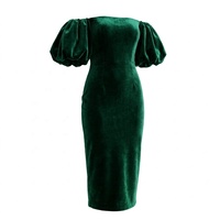 Robe mi-longue moulante vintage en velours vert émeraude à épaules dénudées et manches bouffantes pour femme, élégante pour les soirées et les fêtes