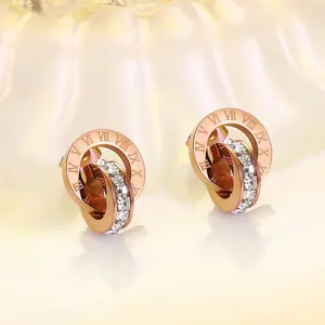 custom Trendy Double Ring Interlocked Roman Numeral Stainless Steel Earrings Solid CZ Rose Gold Plated Stud Earrings For Girls