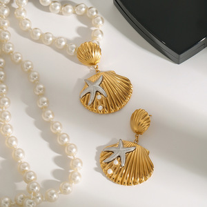 Drop <b>Earrings</b> <b>Gold</b> Silver Two Tone Star Shell Pearl Women's Party Fashion <b>Dangle</b> <b>Earrings</b> - Product Image 2