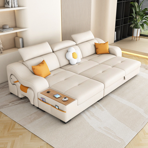 Cream Style Modern Minimalist Internet Celebrity Small Living Room New <strong>Sofa</strong> <strong>Bed</strong> cat Scratch <strong>Leather</strong> Retractable <strong>Storage</strong> - Product Image 4