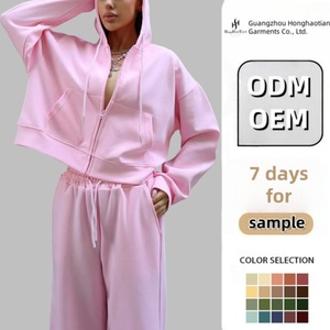 Sudadera con capucha y cremallera frontal informal de manga larga con logotipo personalizado, pantalones para correr con cordón, conjunto de entrenamiento atlético de dos piezas para mujer - Product Image 1