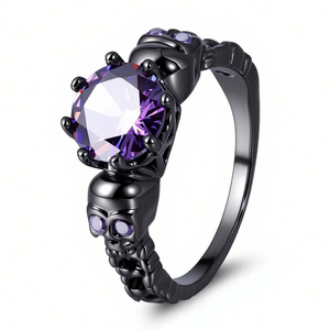 Anillo de Calavera Gótico Moderno y Creativo con Circonita Púrpura, Latón con Baño de Plata Negra, Certificado, Joyería Punk de Moda para Mujer, Venta al por Mayor, Unisex - Product Image 1