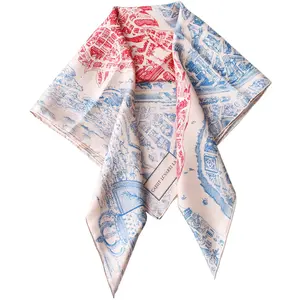 Customized 100% Pure Silk 14mm Silk Twill Scarves Pink Blue Design Hand Rolled Square Scarf 35*35 inches Women Shawl