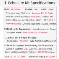 LILYGO T-Echo Lite Kit Entwicklungsboard NRF52840+SX1262 LoRa 1,22-Zoll E-Paper-Display GNSS-Positionierung Kundenspezifische Großhandelsbestellungen Möglich