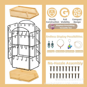 Porte-bijoux rotatif en bois à 3 niveaux avec structure en fer pour l'affichage des boucles d'oreilles, usage intérieur, style moderne - Product Image 3