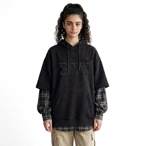 Sweat-shirt à capuche oversize pour femme, noir, manches à carreaux, en coton tricoté respirant, hiver, avec poche avant, fabricant OEM ODM - Product Image 1