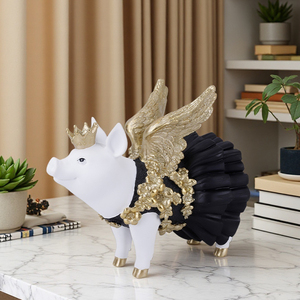 Figuras de animales bonitos de Redeco, escultura de cerdo de resina pintada en negro, figurita de cerdo volador rosa, adorno para regalos, decoración del hogar - Product Image 3