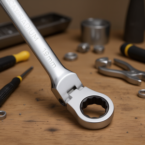 Clé combinée industrielle Fervi en acier au chrome-vanadium métrique 19 mm avec tête à cliquet articulée - Product Image 3