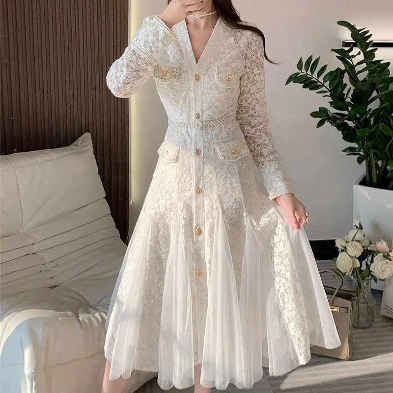 Hot Sale Autumn and Winter New Water Soluble Lace Doll Collar Beige Pleated Long Dress Slim Dress for Women