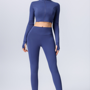 Ensemble 2 pièces veste de sport et pantalon long assorti, col roulé, manches longues, taille élastique, séchage rapide, sans couture - Product Image 1