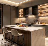 Armoires de cuisine modernes personnalisées en bois grainé gris foncé mat avec îlot central et vitrine à éclairage LED