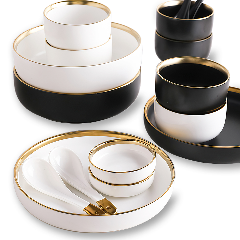 Groothandel Servies Wit Zwart Met Gouden Rand Keramische Plaat Set Porselein Luxe Servies Set Gerechten