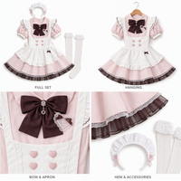 Ensemble de costumes Lolita pour femmes, robe rose douce à manches bouffantes, col avec nœud, jupe en dentelle, tablier à volants, cosplay pour fête d'Halloween
