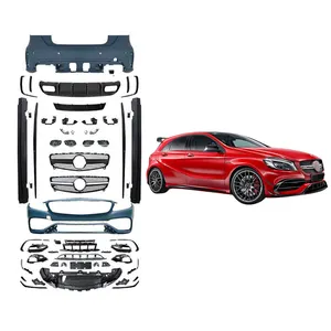 مجموعة هيكل A 45 فئة W176 ترقية إلى A 45 AMG طراز 2013-2018 مصد أمامي وخلفي مع تنورة جانبية للشبكة لمرسيدس بنز