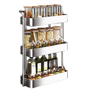 Étagère à épices en acier inoxydable à 3 niveaux, à suspendre au mur, avec couvercles en bois, pour le rangement des condiments de cuisine, huile, vinaigre, sel, sauce soja - Product Image 1