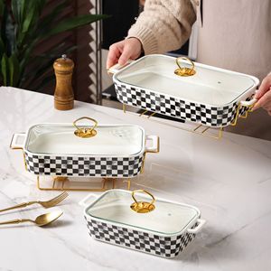 Style nordique Double poignée Pot en céramique fer support rectangulaire ménage soupe assiette <span class=keywords><strong>de</strong></span> <span class=keywords><strong>poisson</strong></span> pour la cuisson noir blanc plats casseroles - Product Image 4