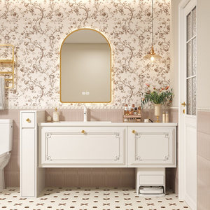 French smart retro <b>pink</b> bathroom cabinet heat-bent integrated storage mirror cabinet solid wood with gold rim - Product Image 5