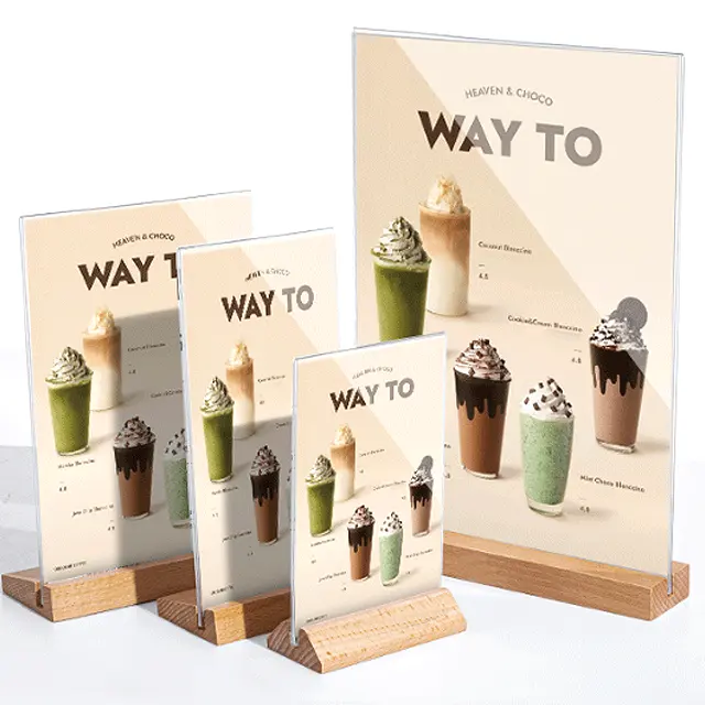 Custom A4 Acrylic Display Menu Holder A5 A6 Acrylic Sign Wooden Base Sign For Commercial Brand Poster