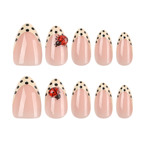 Faux ongles 3D roses en amande à presser avec pointes à pois crème et motif coccinelle, ongles artificiels brillants réutilisables pour manucure estivale 4618 - Product Image 6
