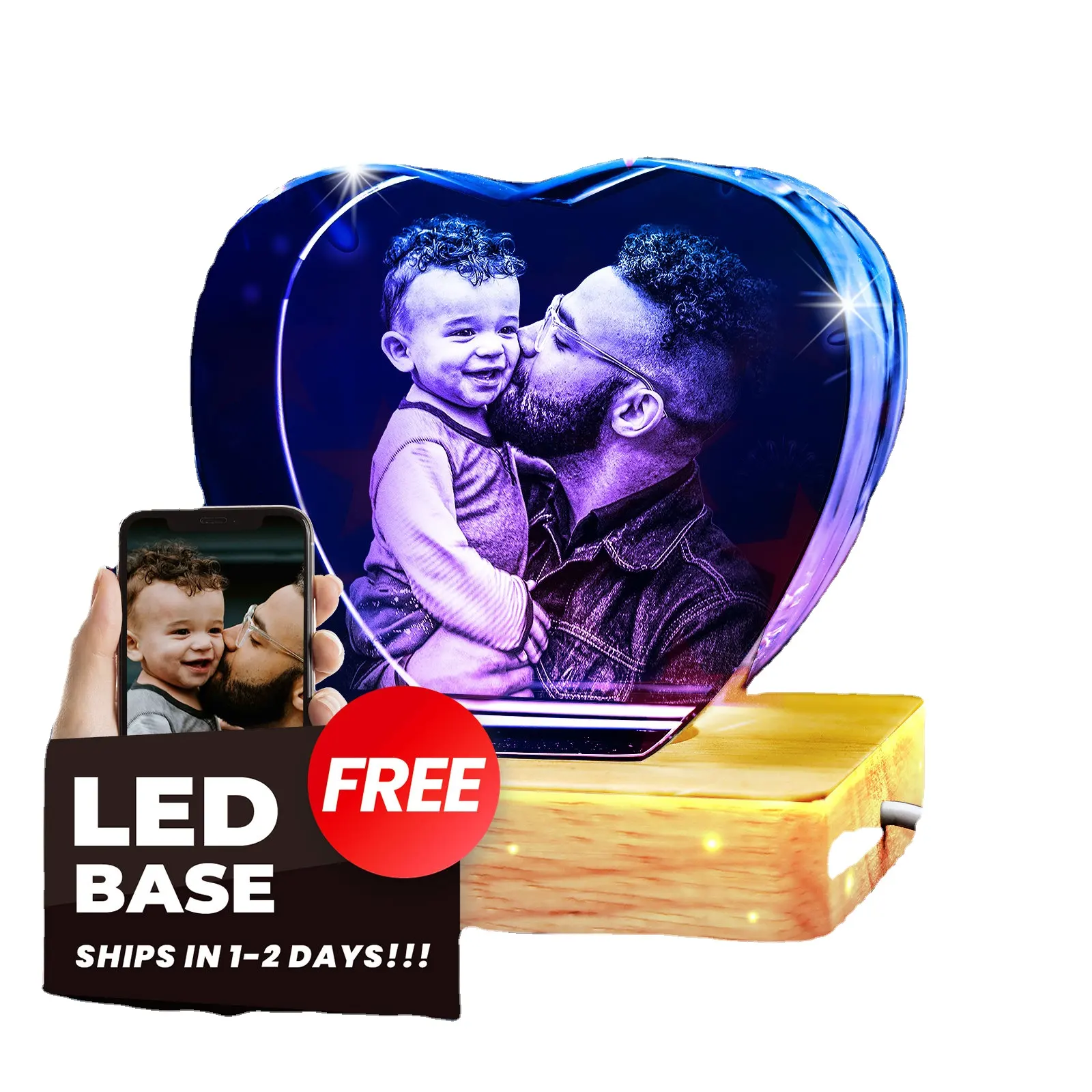 Marco de fotos de cristal 3D Base LED gratis Imagen grabada con láser personalizada Papá Mamá Mujeres Aniversario Medalla de trofeo de cristal grabada