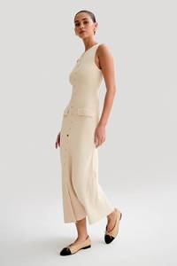 Bouton revers coupe ajustée tricoté femmes sans manches bouton O cou pull robe bouton côtes mince Ribeed élégant Maxi robe 2905 - Product Image 6