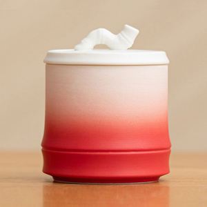 Pot à bougie en céramique dégradé nordique avec couvercle à poignée en bambou, support cylindrique - Product Image 4