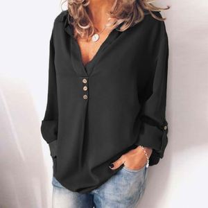 Yeni moda kadınlar bahar sonbahar şifon uzun kollu v yaka kızlar katı düğme artı boyutu gevşek üstleri T-shirt bluz - Product Image 3