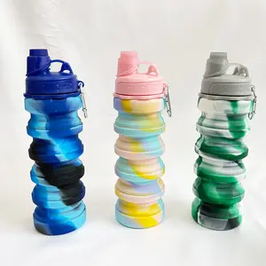 Roll up Reusable Collapsible Drink Bottles Folding Silicone Water Bottle Foldable Silicon Camping Customized Sport 500ml Pink