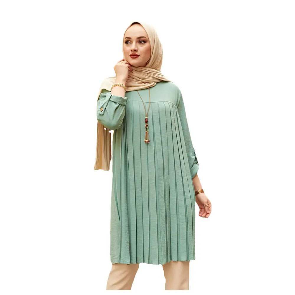 New Middle East Muslim Blouse Multicolor Casual Pleated Loose Lace Long Sleeve Round Neck Plus Size Modest Blouses & Shirts