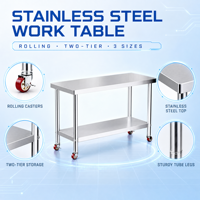 Table de préparation commerciale robuste à deux niveaux sur roulettes pour chambre froide, table de travail mobile en acier inoxydable pour cuisine