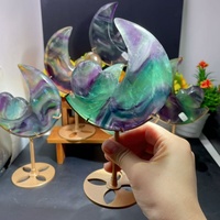 Lune en Fluorite Naturelle Arc-en-ciel en Gros avec Cœur Sculpté, Support Métallique, Ornement de Guérison pour Cadeau