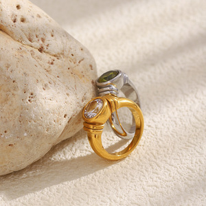 Stainless Steel Round Zircon Bezel Band <b>Ring</b> Vintage Textured Stackable <b>Statement</b> Finger <b>Ring</b> For Women Daily Party Jewelry - Product Image 6
