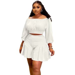 Baddie Summer Solid Breathable Polyester Casual Short <b>Set</b> Off-Shoulder Crop Top Pleated Flare Sweet Women 2-Piece <b>Set</b> - Product Image 6