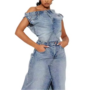 Nouvelle Arrivée Robe en Jean d'Été de Haute Qualité, Décontractée, Sexy, Style Urbain, Asymétrique à une Épaule, Délavée à l'Acide, Modeste - Product Image 3