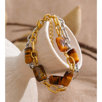 Pulsera de Cadena Chapada en Oro de Acero Inoxidable de Moda XY 2046, Pulsera de Estilo Distintivo con Cuentas Geométricas de Piedra Natural Marrón