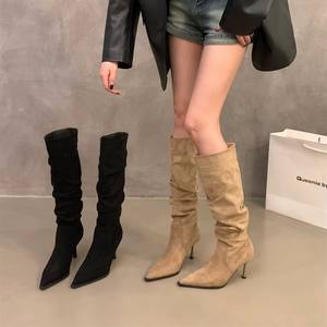 Winter Cowboy Suede Knee-High High-Heeled Pointed Toe <b>Slouch</b> Riding <b>Boots</b> Height Increasing <b>Boots</b> Heels - Product Image 1