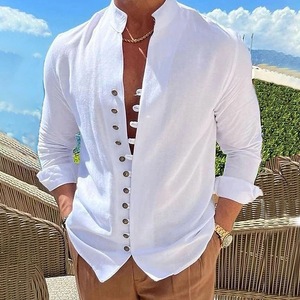 Camicie Henley Vintage da Uomo a Maniche Lunghe con Bottoni, Vestibilità Ampia, Colletto Rovesciato, Tessuto Elasticizzato in <span class=keywords><strong>Lino</strong></span>/Cotone - Product Image 1