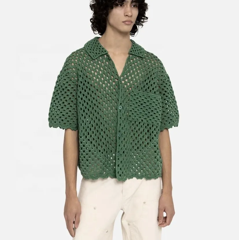 カスタムポロロゴヴィンテージ夏卸売ニットデザインマンボタンアップカーディガンセーターニットTシャツ半袖かぎ針編みシャツ